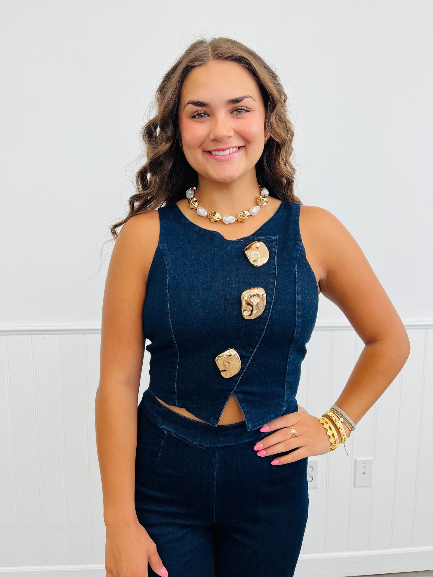Navy Hammered Gold Button Vest Top Pants Sets (Reg.)