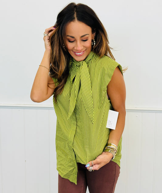 Lime Striped Sleeveless Button Down Top (Reg.)