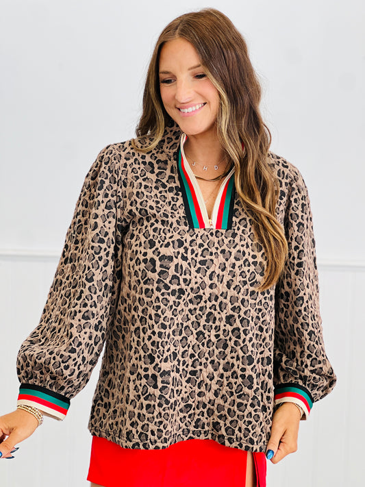 Brown Leopard Stripe Trim Blouse (Reg.)
