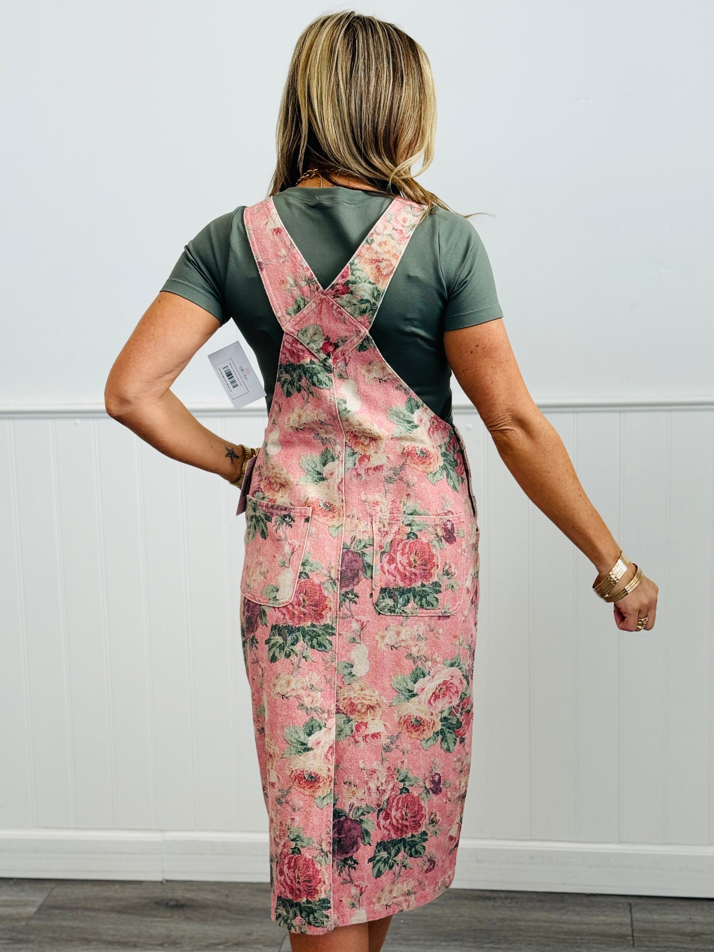 Pink Floral Print Overall Midi Dress (Reg & Plus)