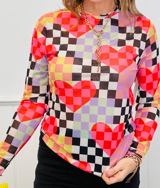 Red/Black Checkered Heart Mesh LS Top (Reg & Plus)