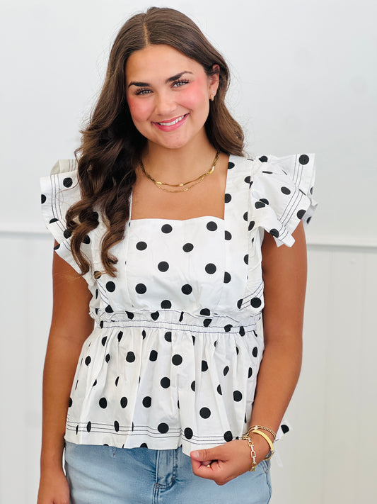 White Polka Dot Peplum Top (Reg & Plus)