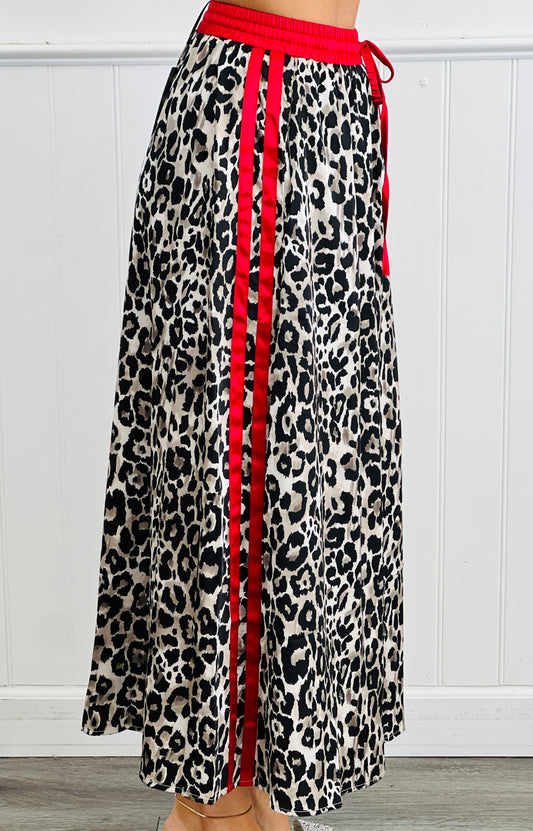 Satin Leopard Red Stripe Maxi Skirt (Reg & Plus)