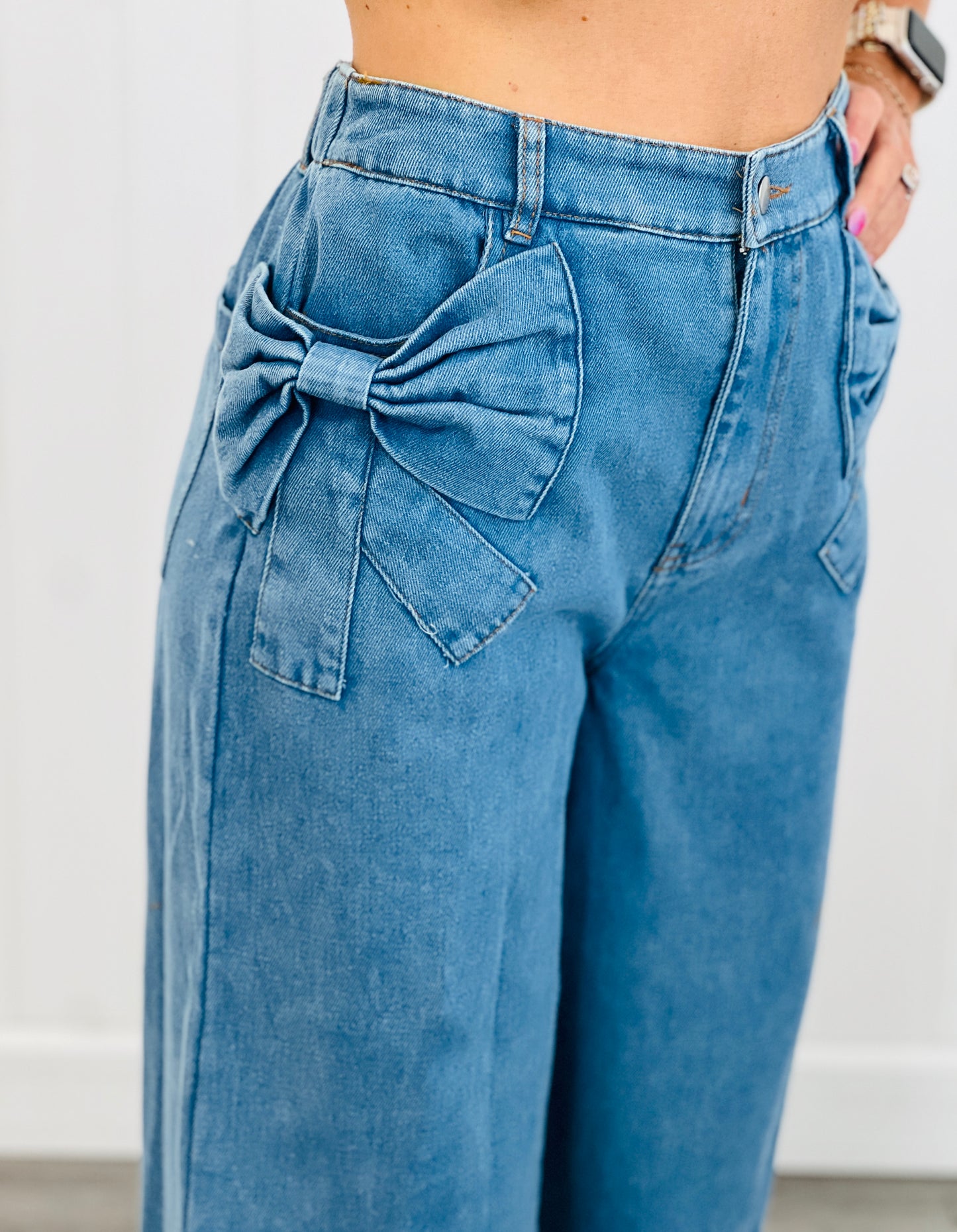 Washed Denim Bow Pocket Pants (Reg. & Plus)