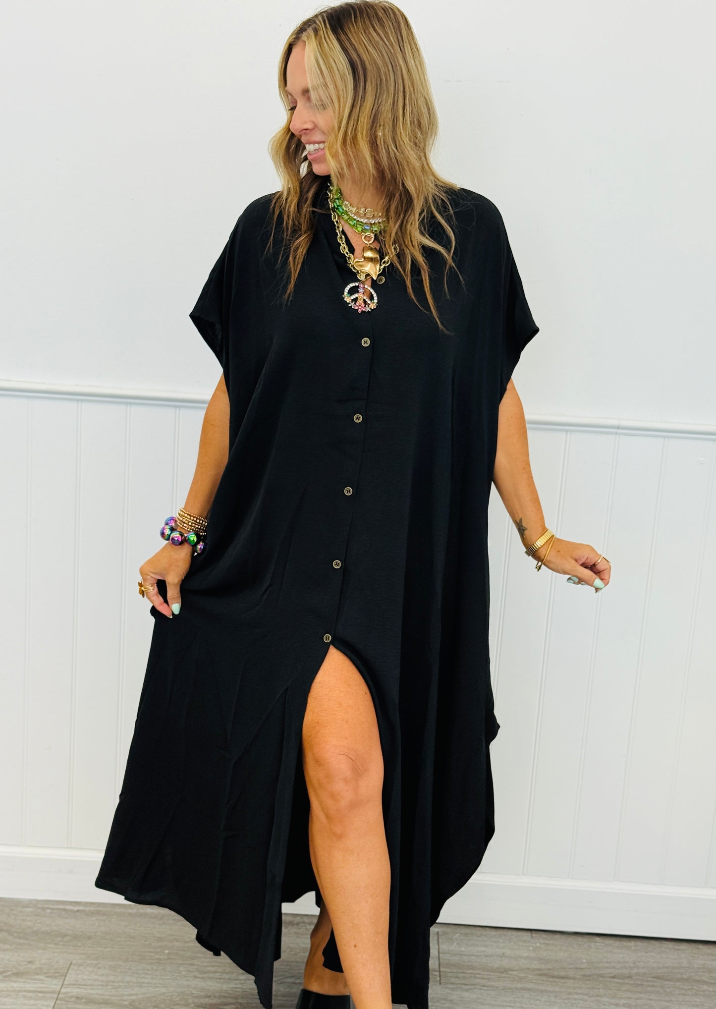 Black Oversized Button Down Maxi Dress (One Size)