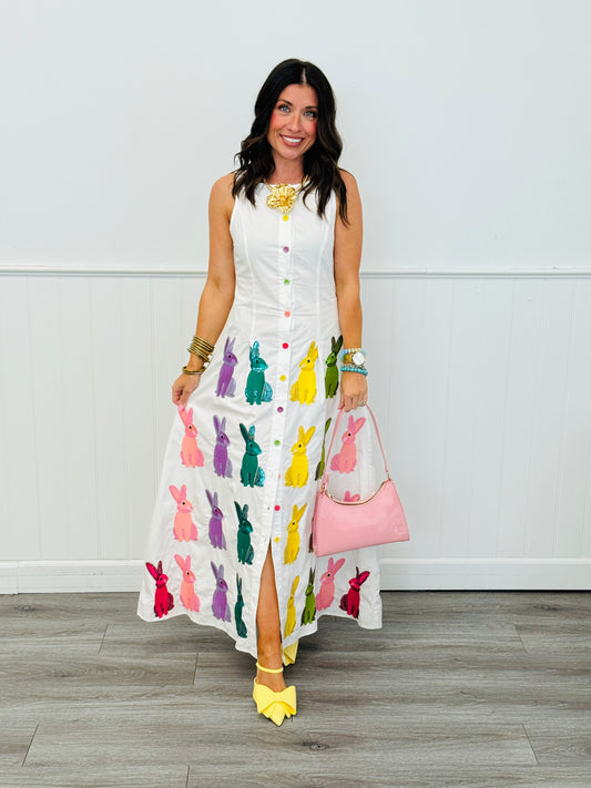 Queen Of Sparkles White Multi Easter Bunny Button Up Midi Dress (Reg. & Plus)
