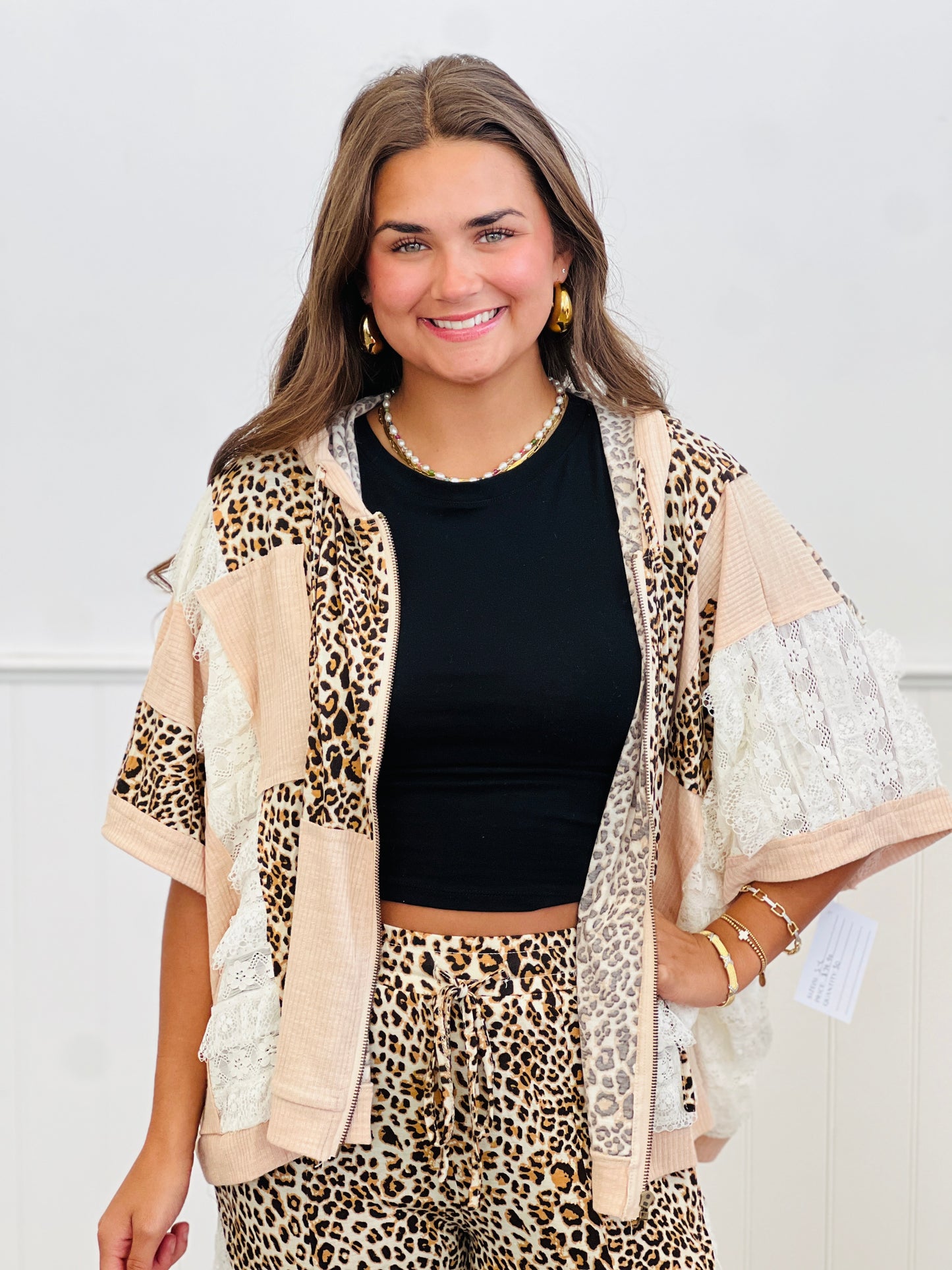 POL Nude Beige Cheetah Layered Crochet Lace Hoodie Top (Reg.)