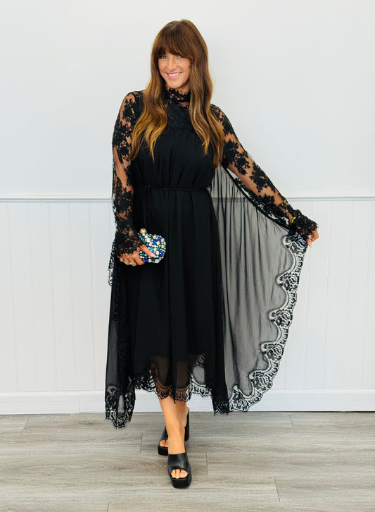 Black Lace Yoke Batwing Sleeve Maxi Dress (Reg.)