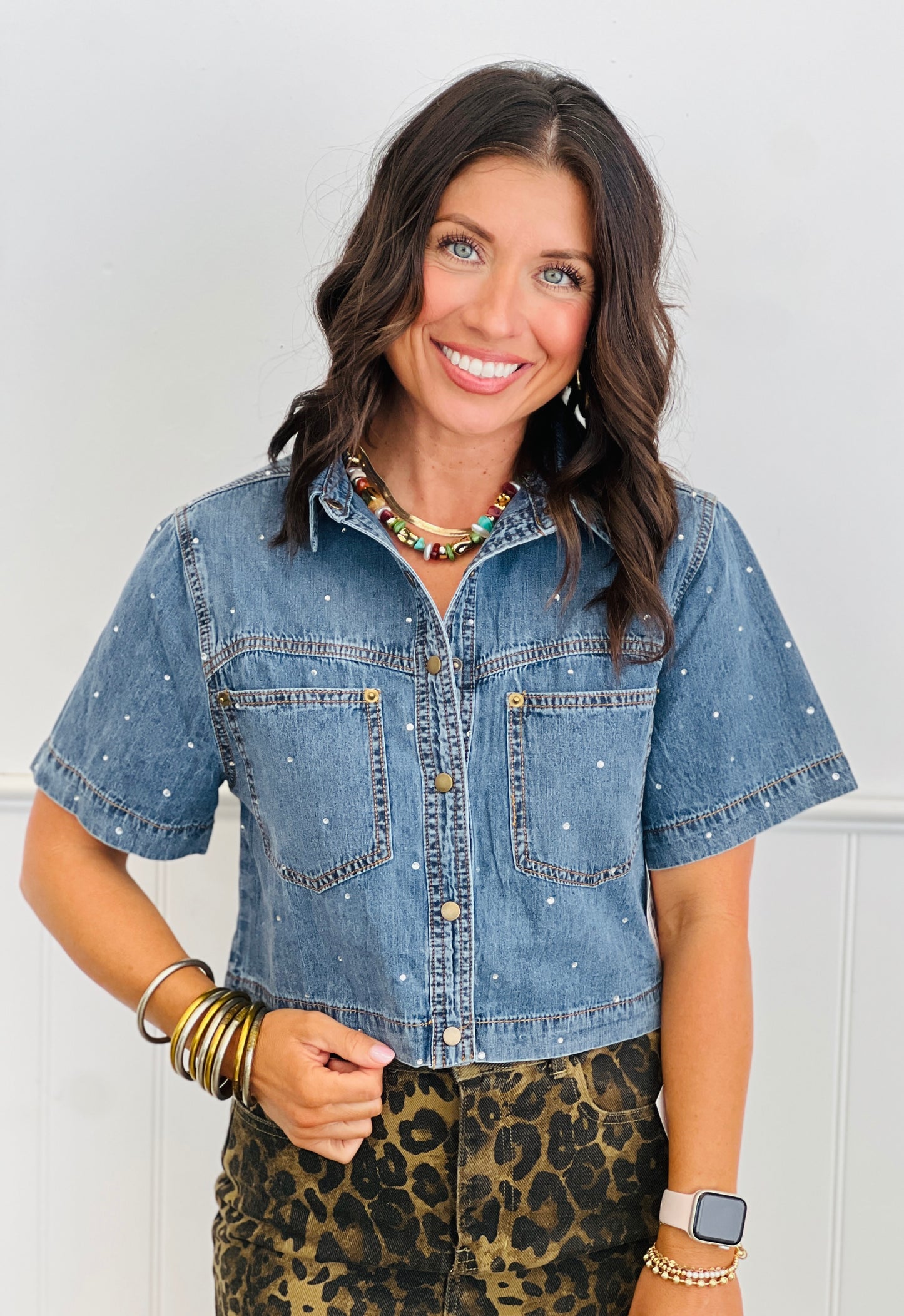 Denim Blue Rhinestone Button Up Top (Reg. and Plus)