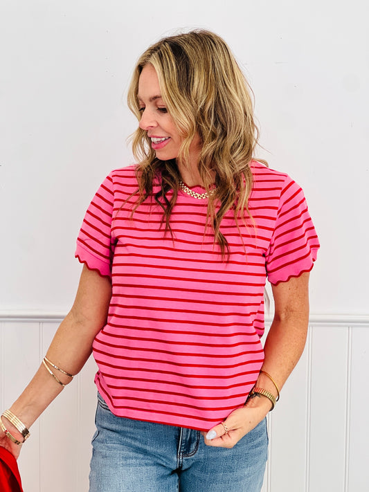 Pink/Red Stripe Scallop Trim Top (Reg & Plus)