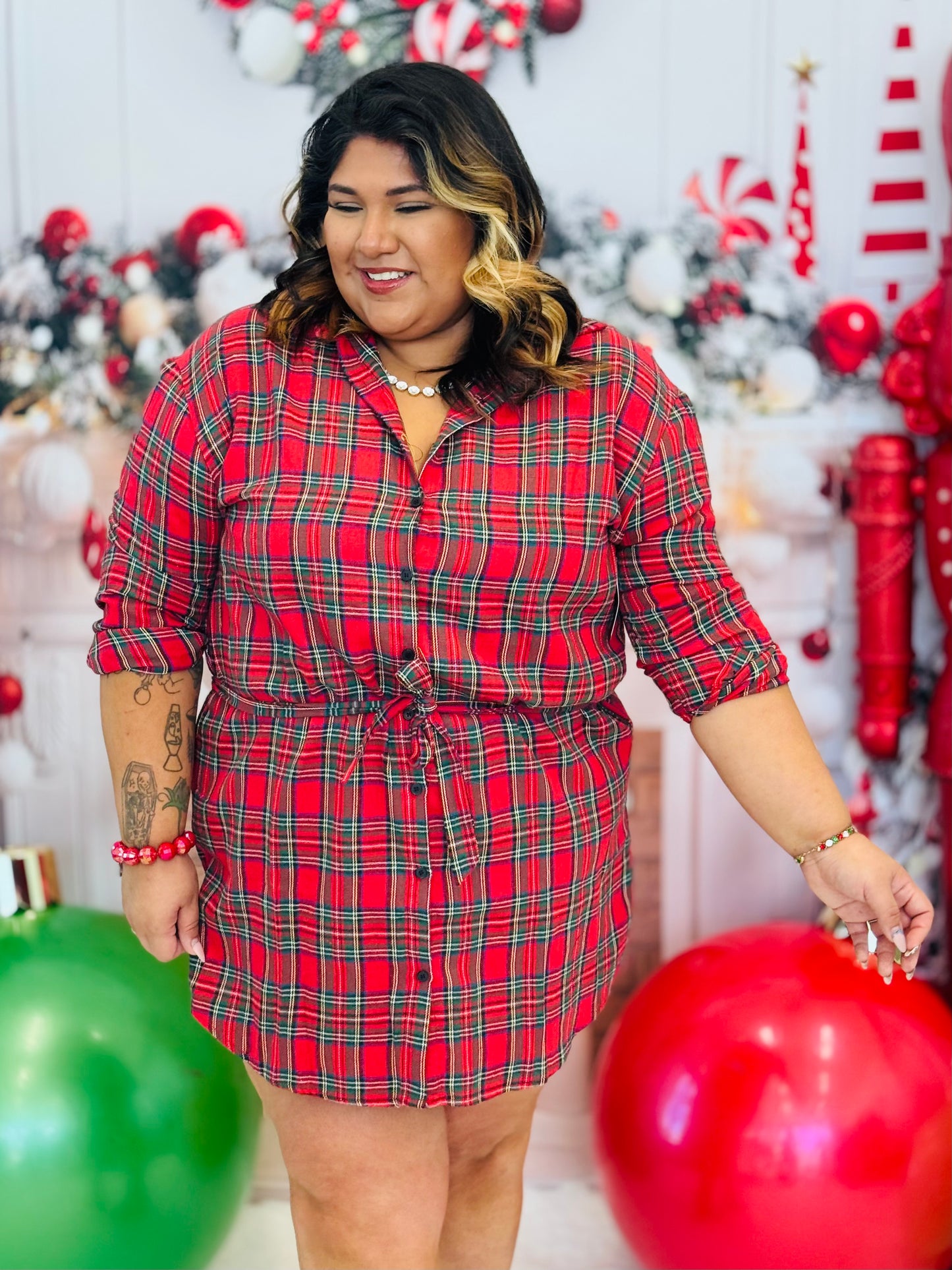 Red Flannel Button Up Mini Dress (Reg. and Plus)