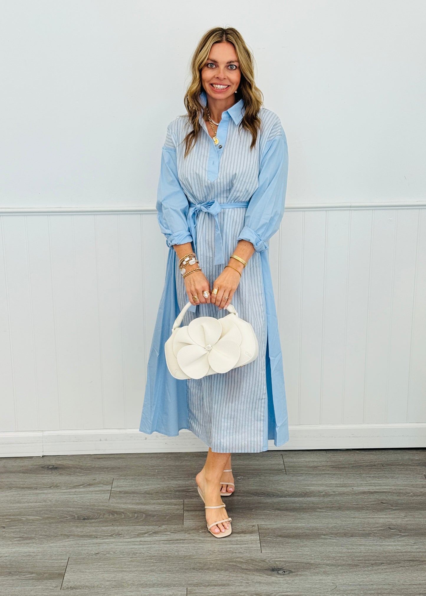 Blue Contrast Panel Midi Shirt Dress (Reg & Plus)