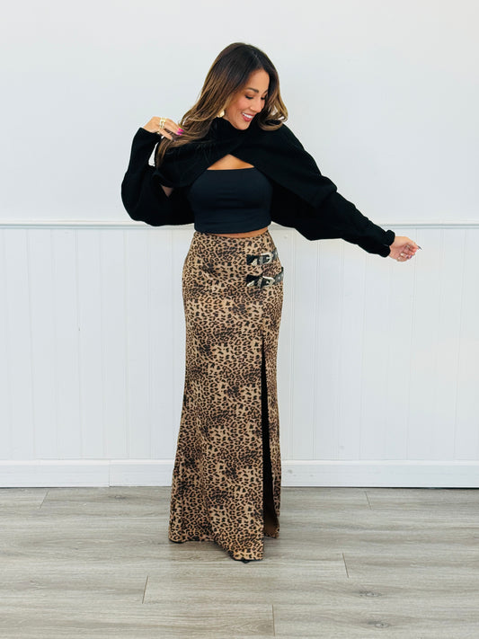Leopard Front Slit Maxi Skirt (Reg)