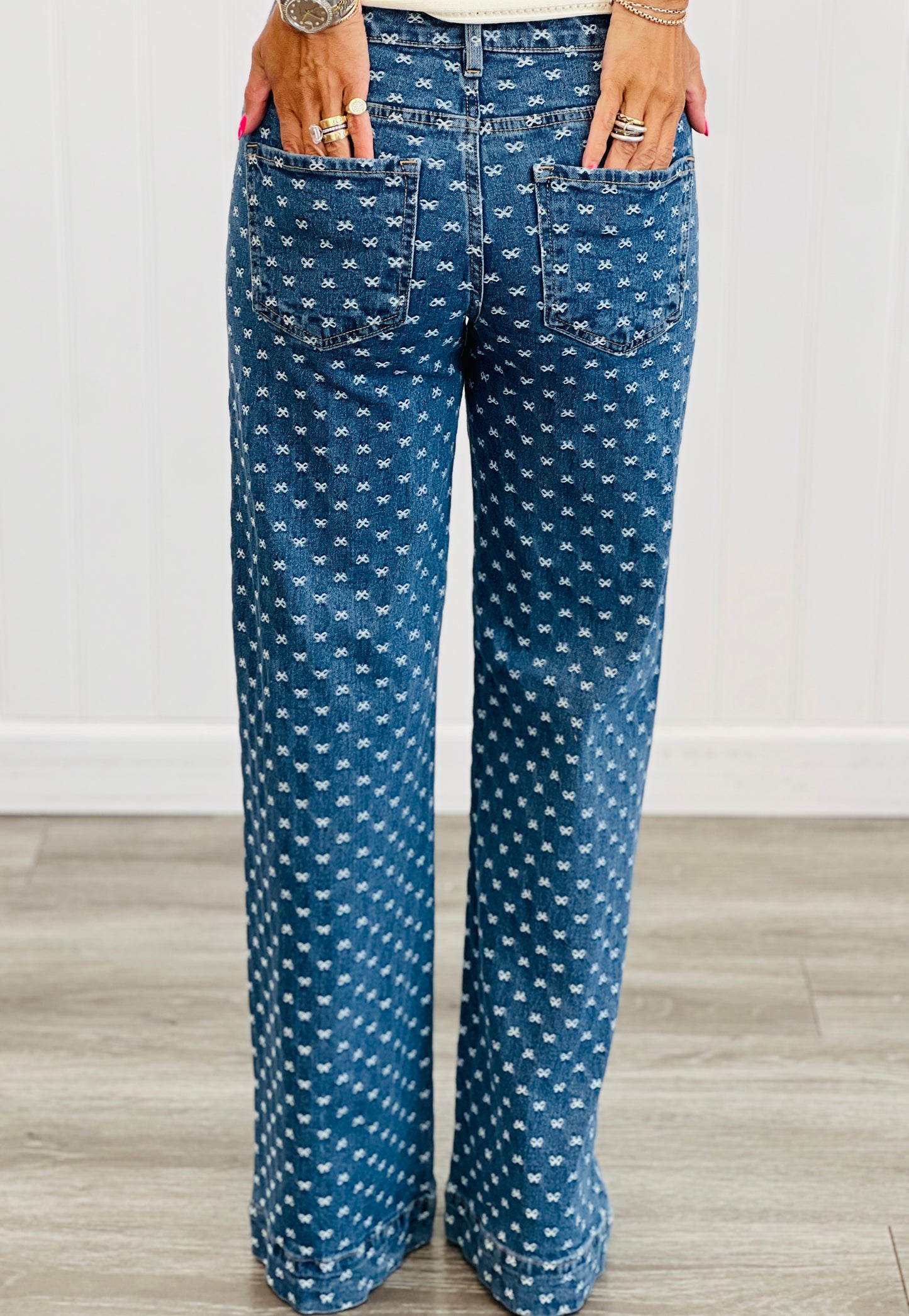 Risen Dark Tied Up In Style Tiny Bow Embroidered Jeans (Reg & Plus)