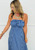 Navy Blue Striped Back Bow Tie Midi Dress (Reg.)