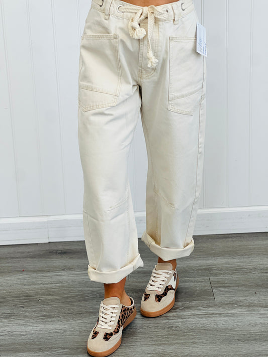 Cream Grommet Waist Denim Barrel Pants (Reg.)