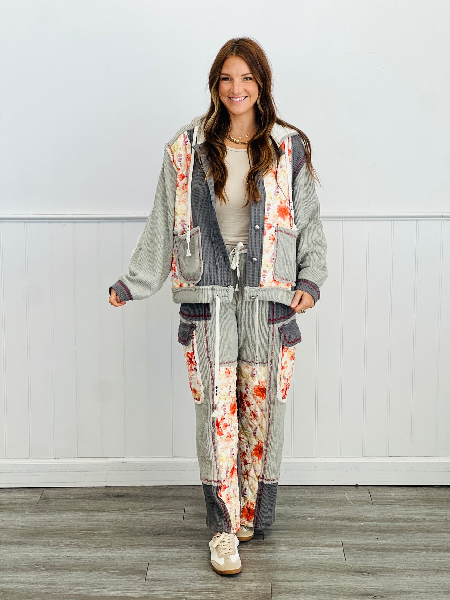 POL Grey Thermal Floral Quilted Hoodie Jacket (Reg.)