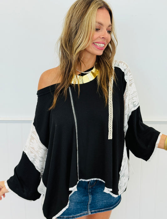 POL Black Ribbed Knit & Lace Hoodie Top (Reg.)