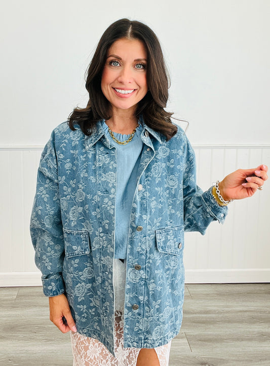 Floral Denim Medium Wash Shacket (Reg.)