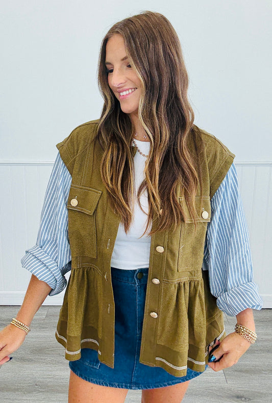 Olive/Blue Button Front Mixed Media Top (Reg. and Plus)