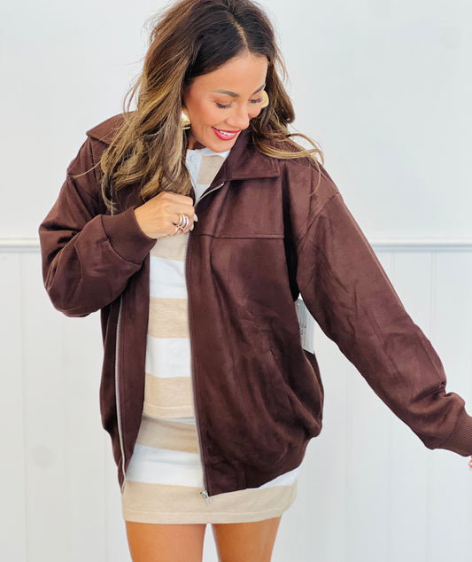 Dark Brown Suede Bomber Jacket (Reg.)