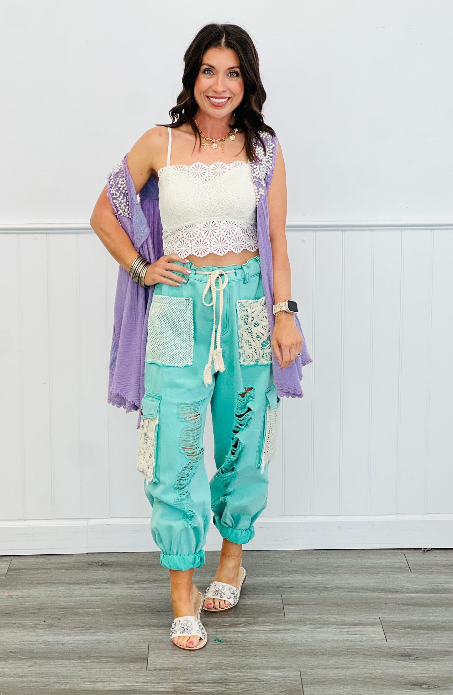 POL Distressed Jungle Green & Lace Jogger Pants (Reg)