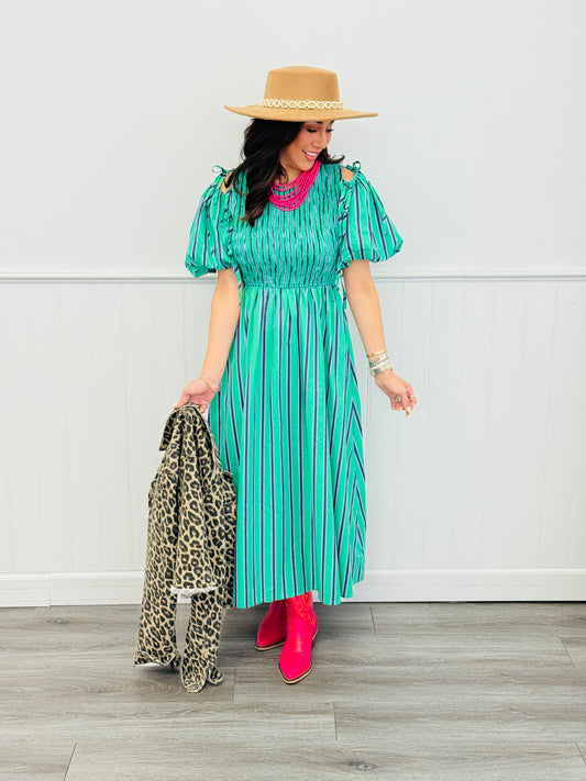 Green Mix Striped Smocked Midi Dress (Reg.)