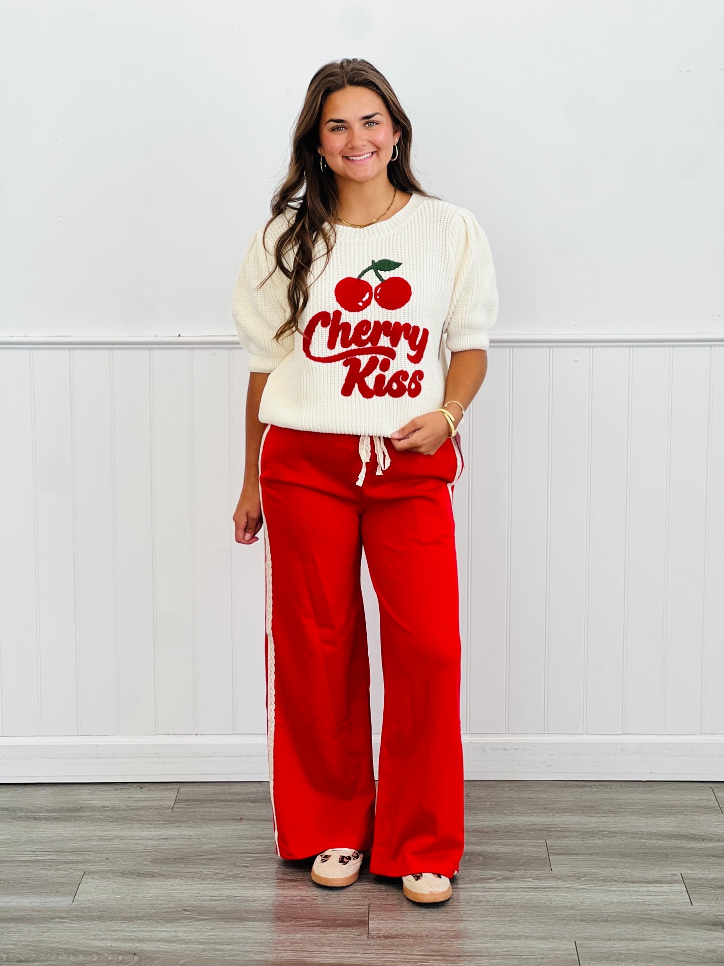 Cherry Graphic Short Sleeve Sweater Top (Reg. and Plus)