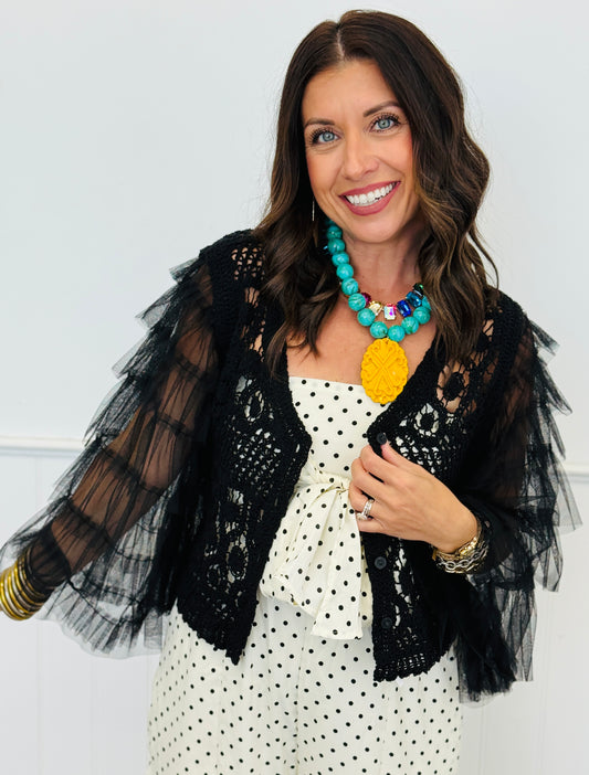 Black Crochet Tiered Mesh Sleeves Cardigan (Reg.)