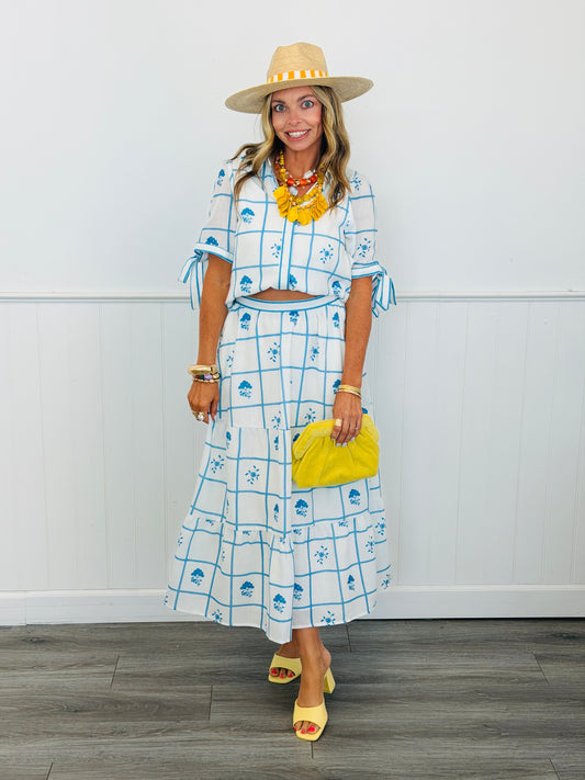 Ivory/Blue Floral Tiered Midi Skirt (Reg & Plus)