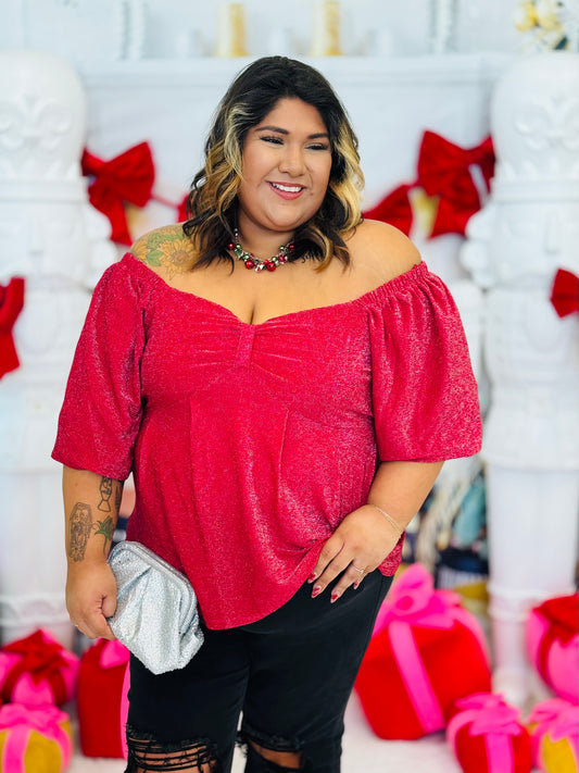 Red Holiday Sparkle Sweetheart Neckline Top (Reg & Plus)