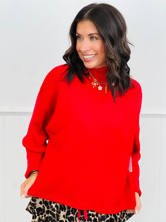 Red Diagonal Ribbed Sweater Top (Reg.)
