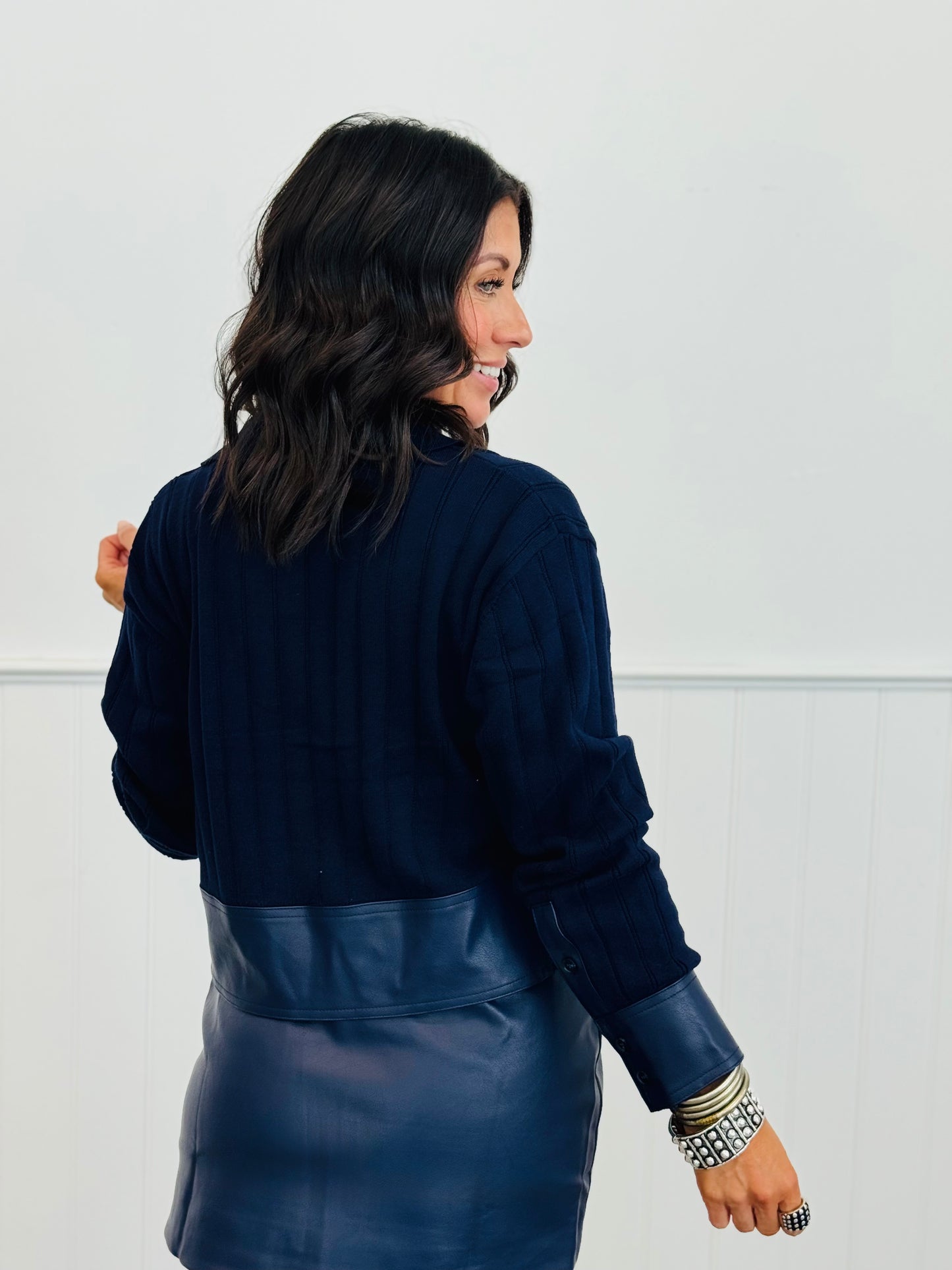 Contrast Vegan Leather Sweater Top (Reg.)-2 Colors