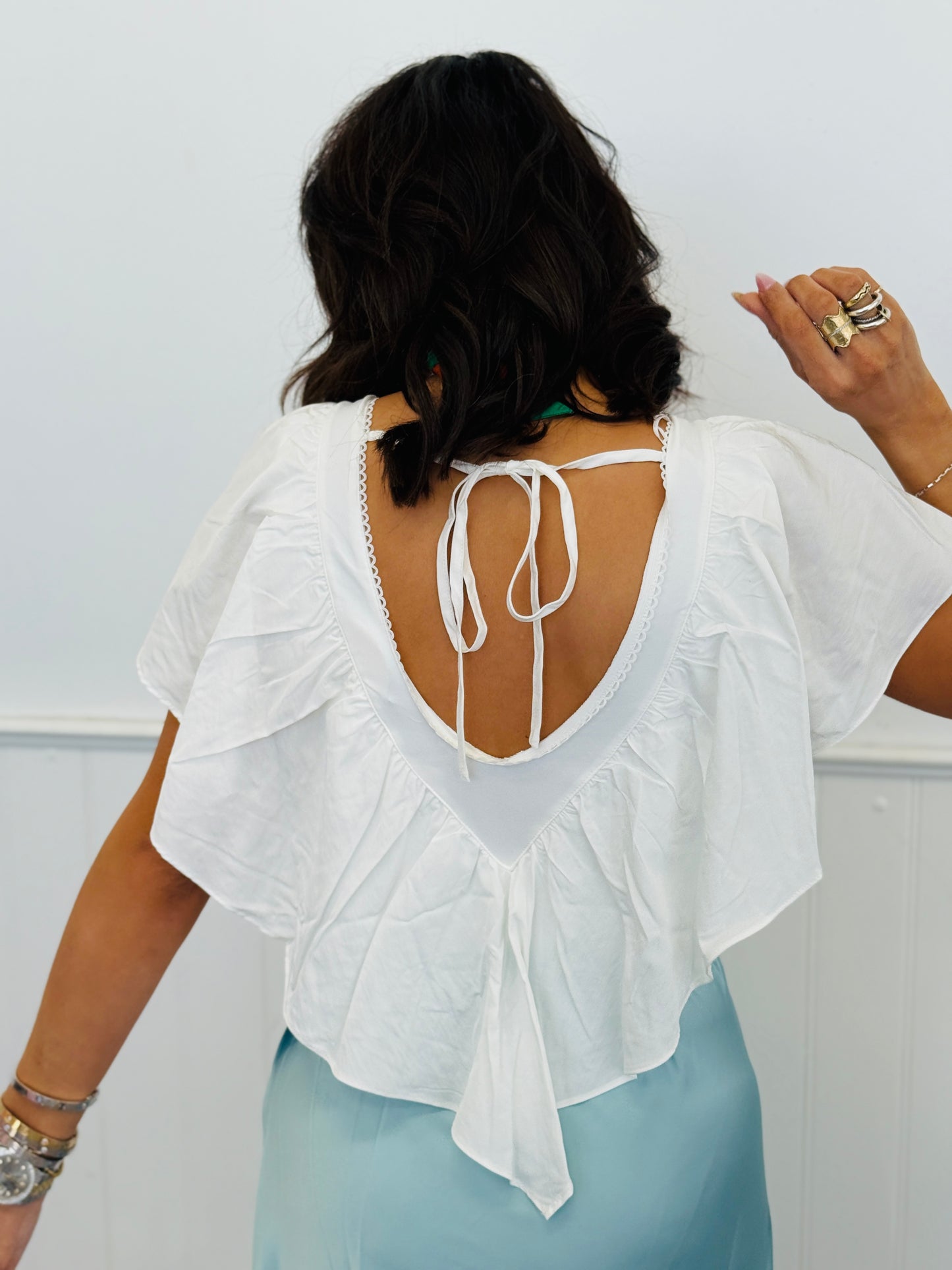 White Ruffled Double Deep-V Top (Reg.)