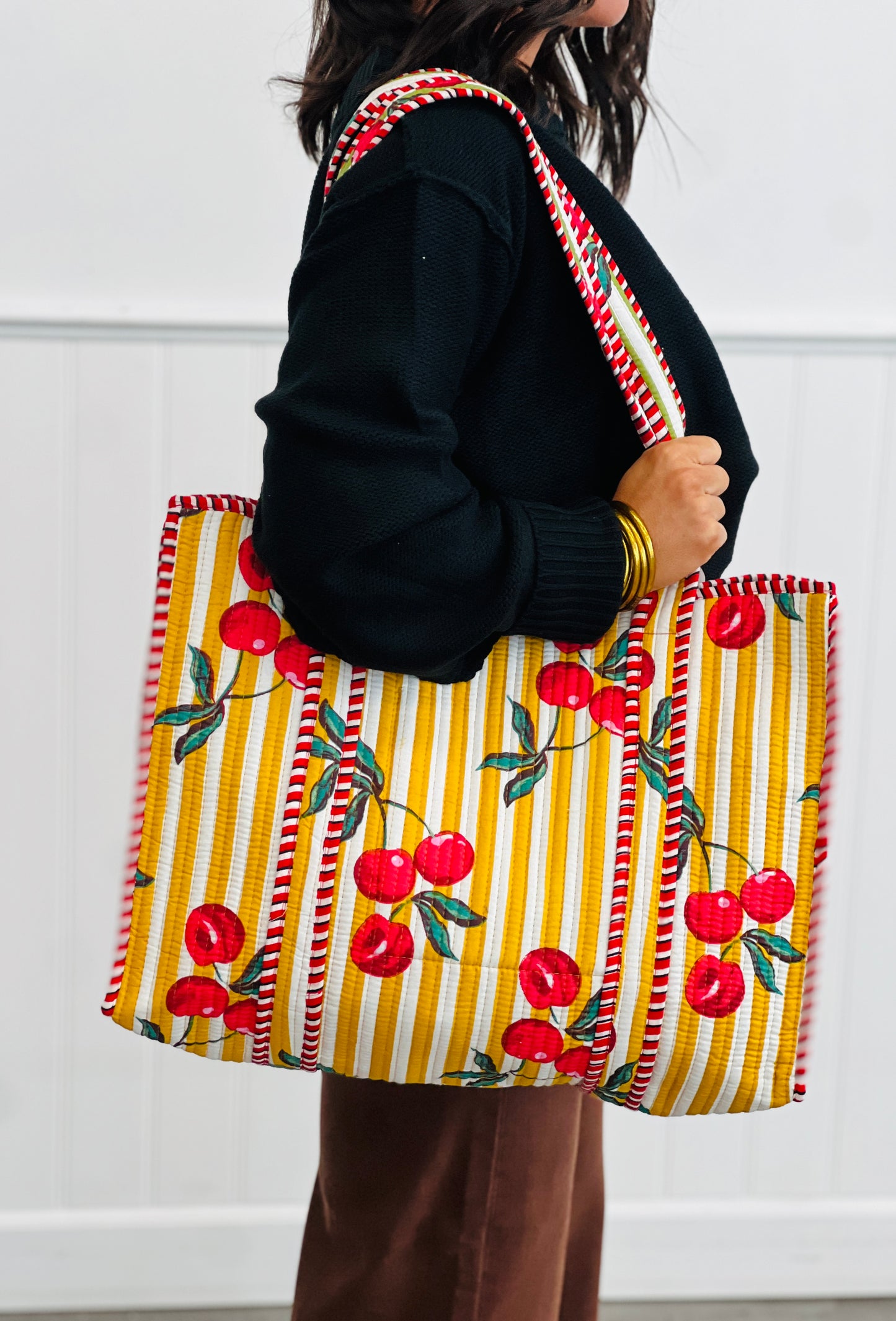 Striped Cherry Oversized Cotton Tote Bag (2 colors)