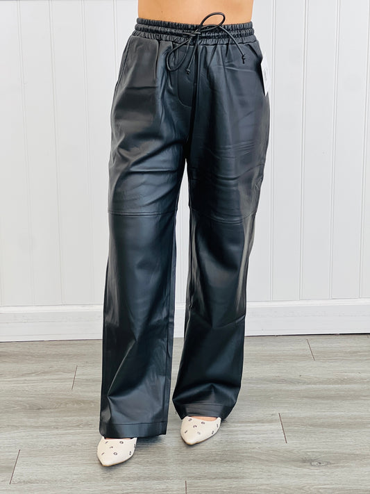 Black Wide Leg Faux Leather Waist Tie Pants (Reg.)