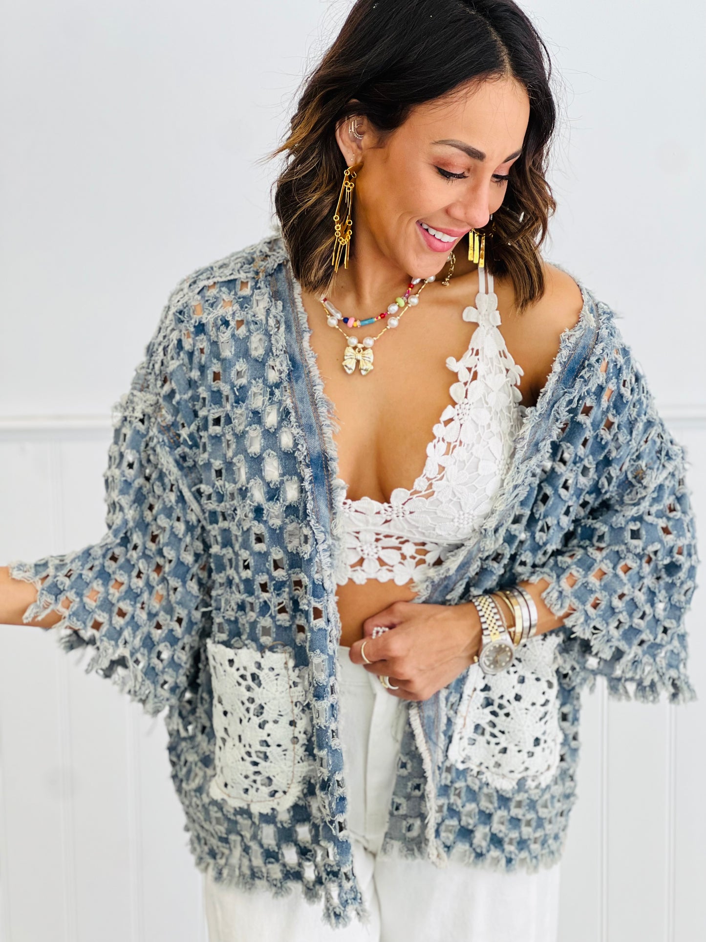 POL Deep Denim Laser Cut Cardigan (Reg.)