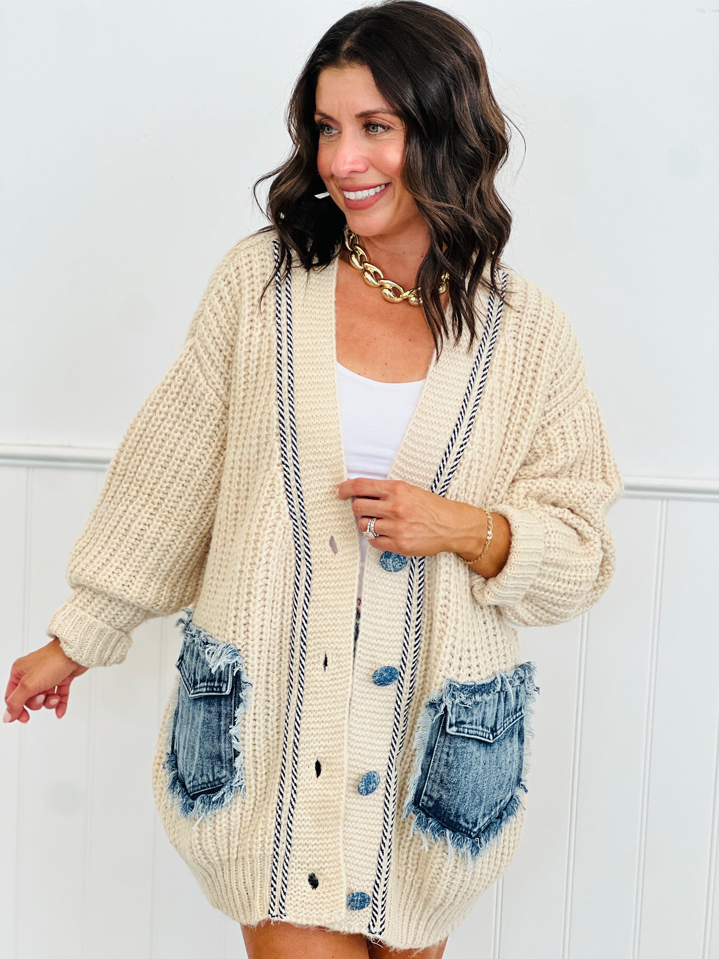 Natural V-Neck Denim Pockets Sweater Cardigan (Reg. and Plus)