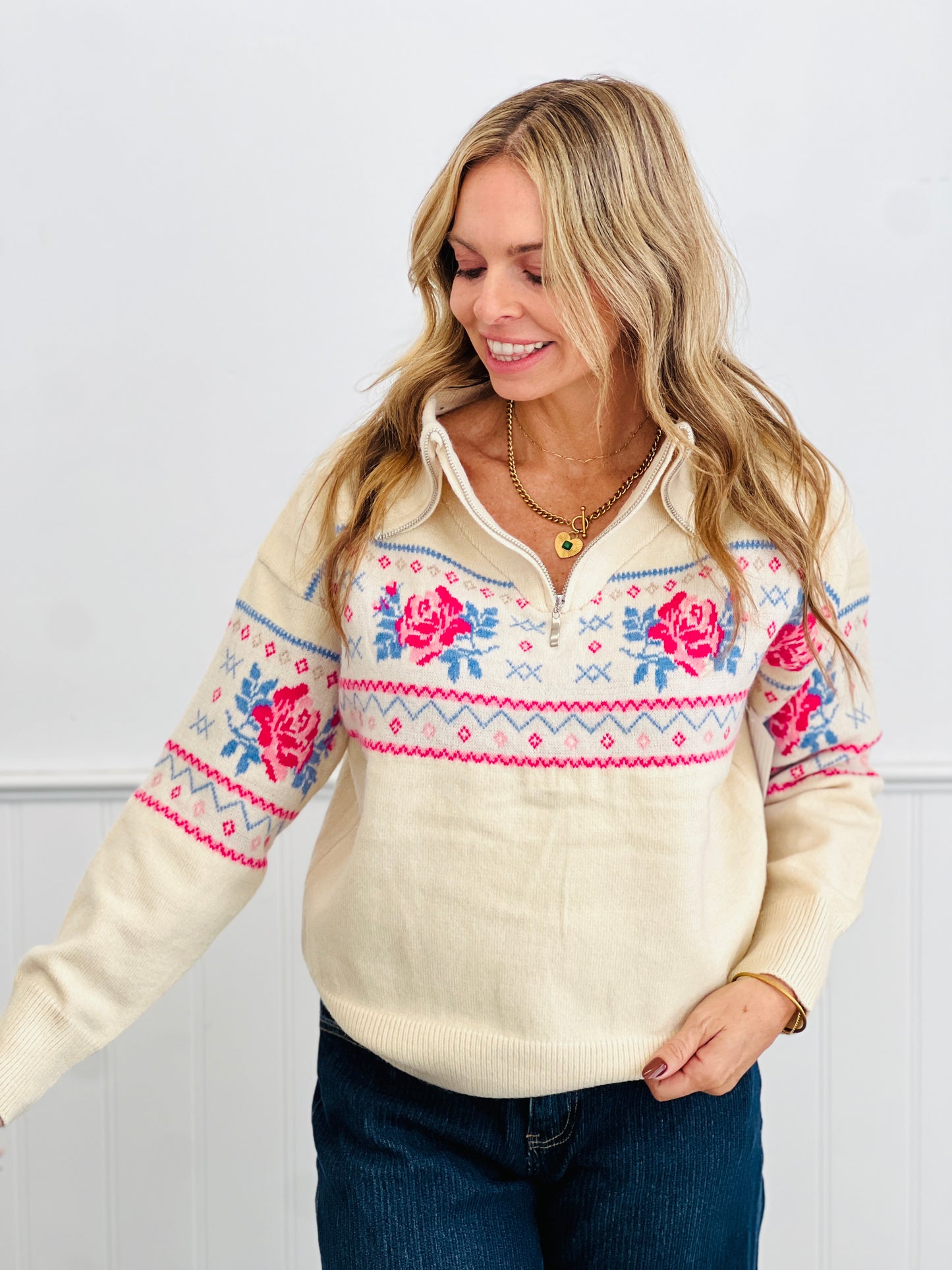 Ivory Floral Half Zip Pullover Sweater (Reg. and Plus)