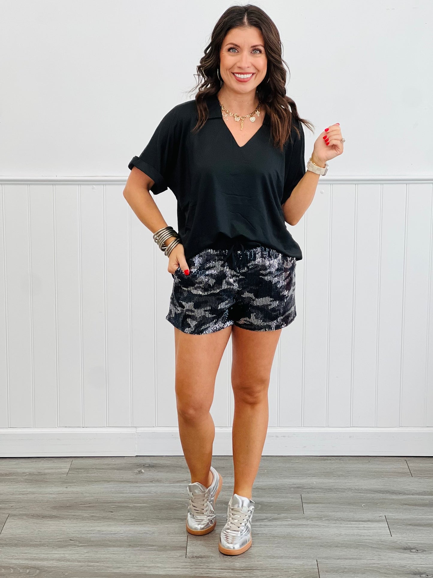 Grey Camo Sequin Shorts (Reg. and Plus)