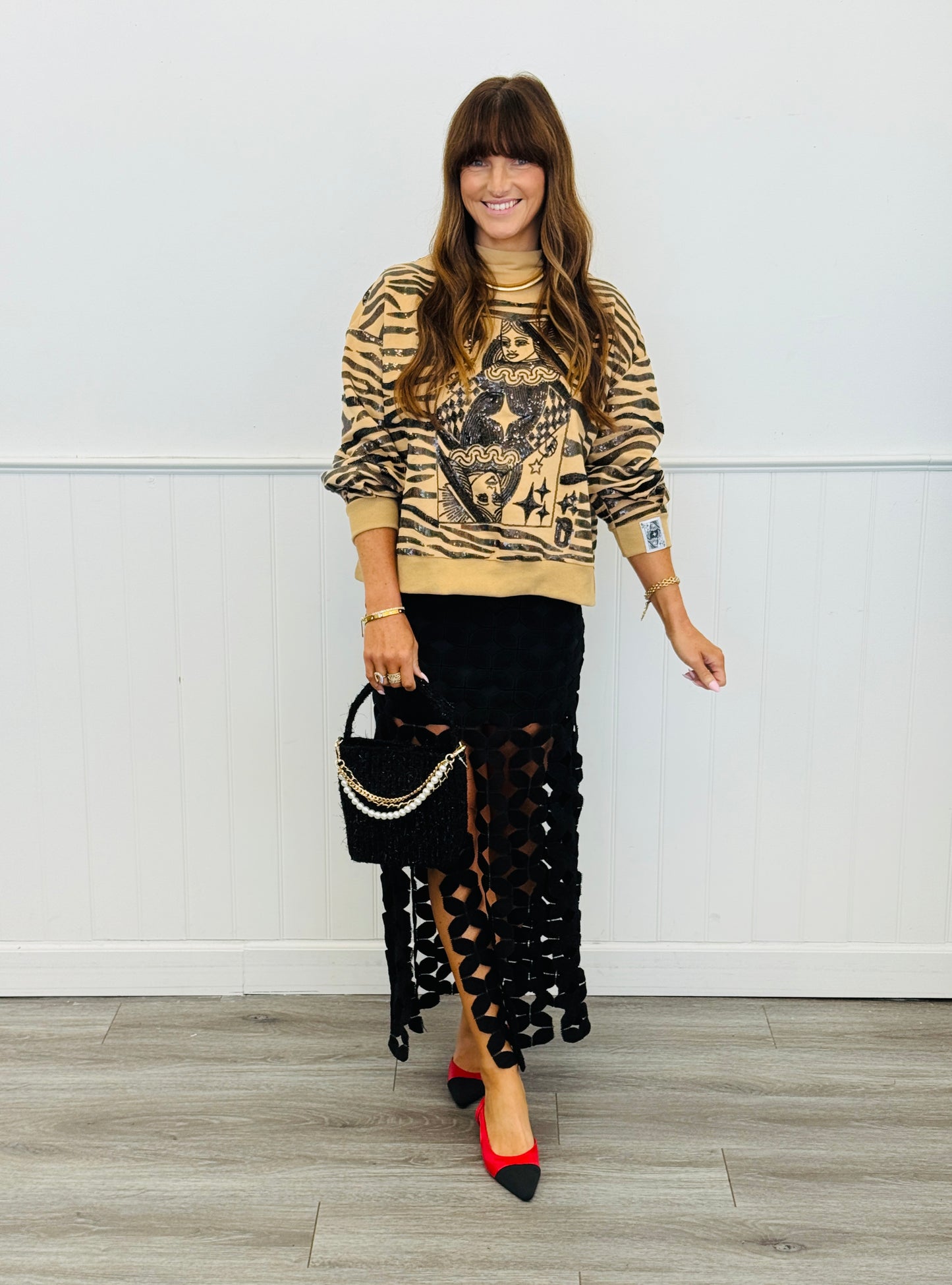 Queen Of Sparkles Tan Sequin Tiger Print Card Logo Sweatshirt (Reg. and Plus)