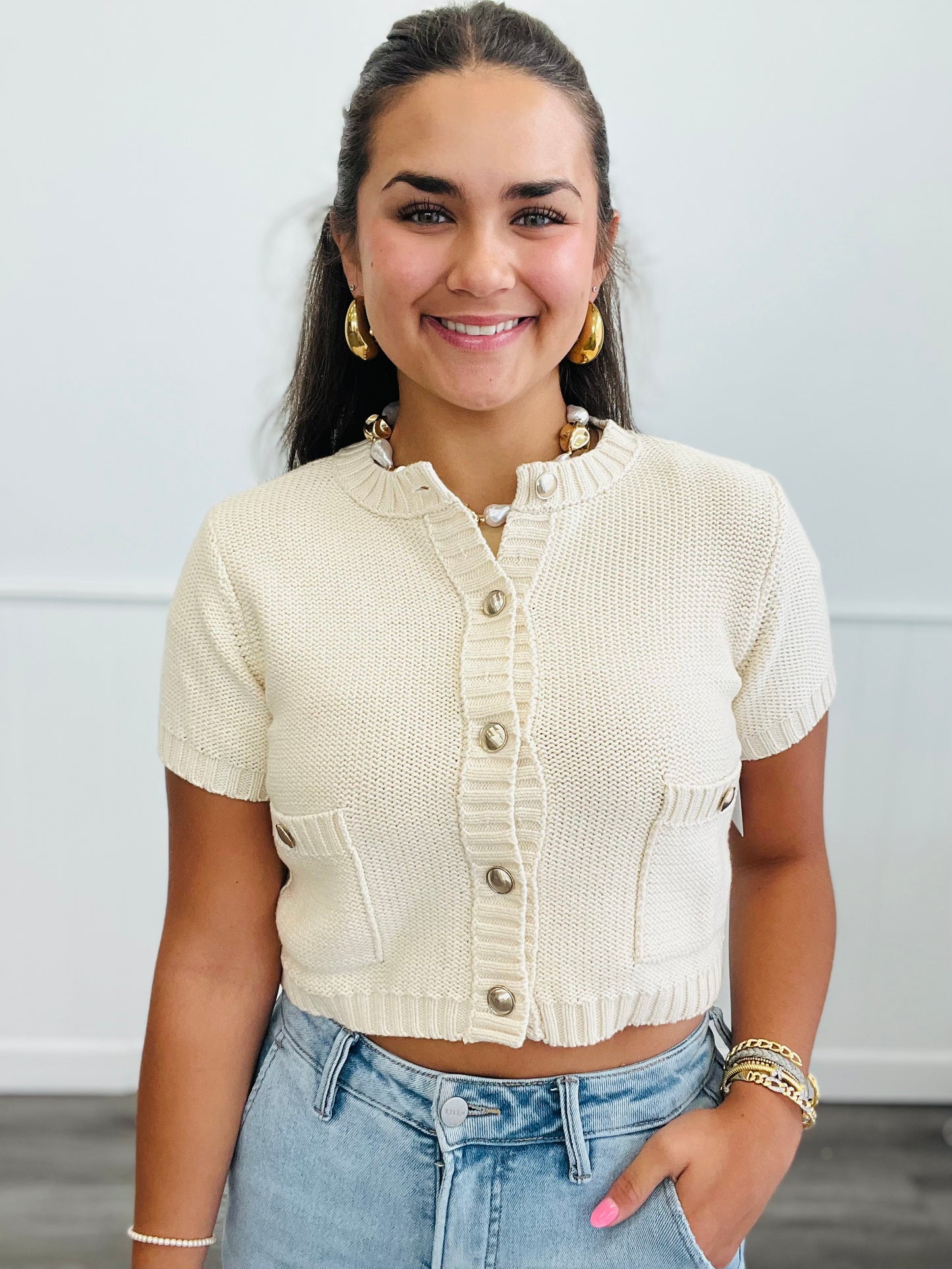 Cream Gold Button Sweater Top (Reg.)