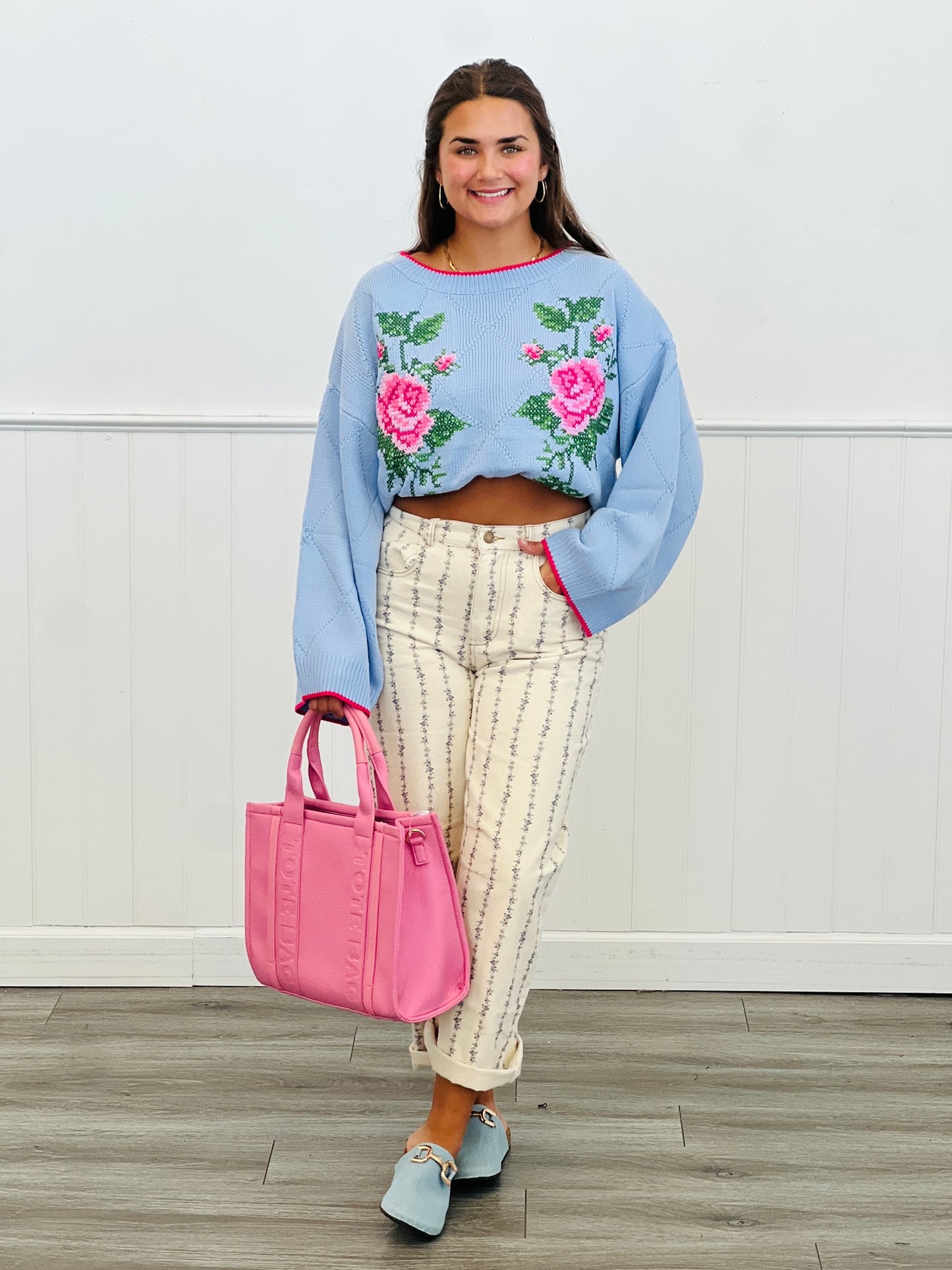 Cream/Blue Floral Striped Barrel Pants (Reg.)