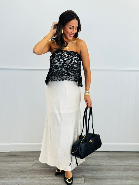 Black/Ivory Strapless Lace Overlay Satin Gown (Reg.)
