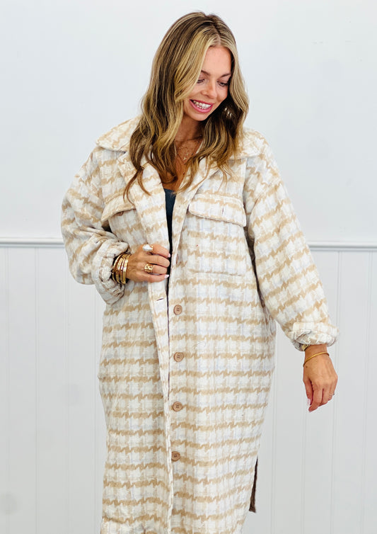 Natural Houndstooth Wool Button Down Midi Coat (Reg.)