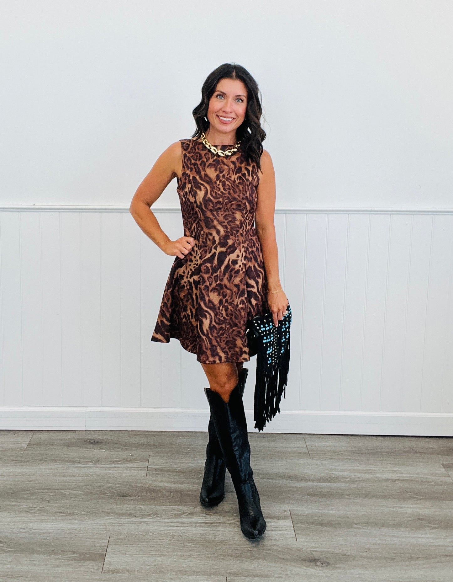Brown Leopard Mini Skater Skirt Dress (Reg.)