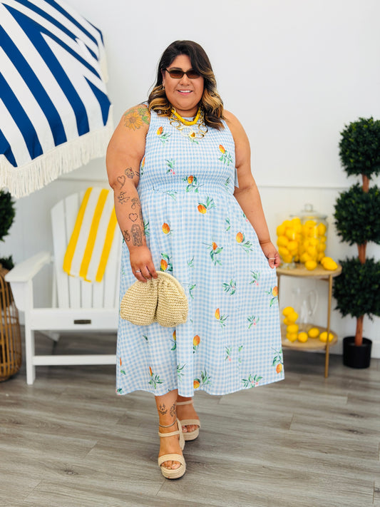 Blue Fruit Print Sleeveless Maxi Dress (Reg. and Plus)