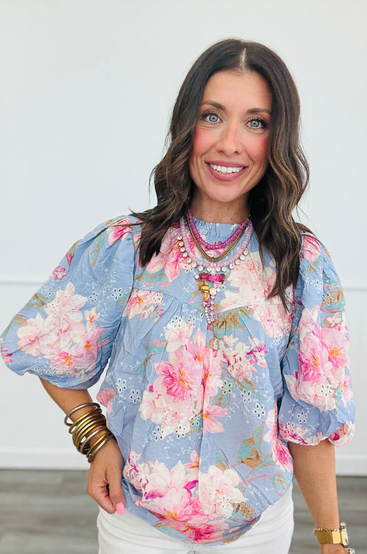 Blue Multi Floral Print Blouse (Reg & Plus)