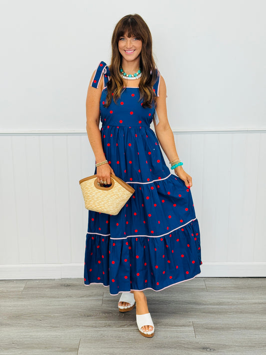 Navy/Red Polka Dot Tiered Maxi Dress (Reg.)