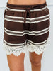 Brown Striped Lace Hem Top & Shorts Set (Reg.)